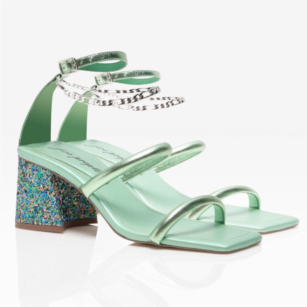 Free People Parker Chain Heel Green Metallic Strappy Sandal Shoe Glitter